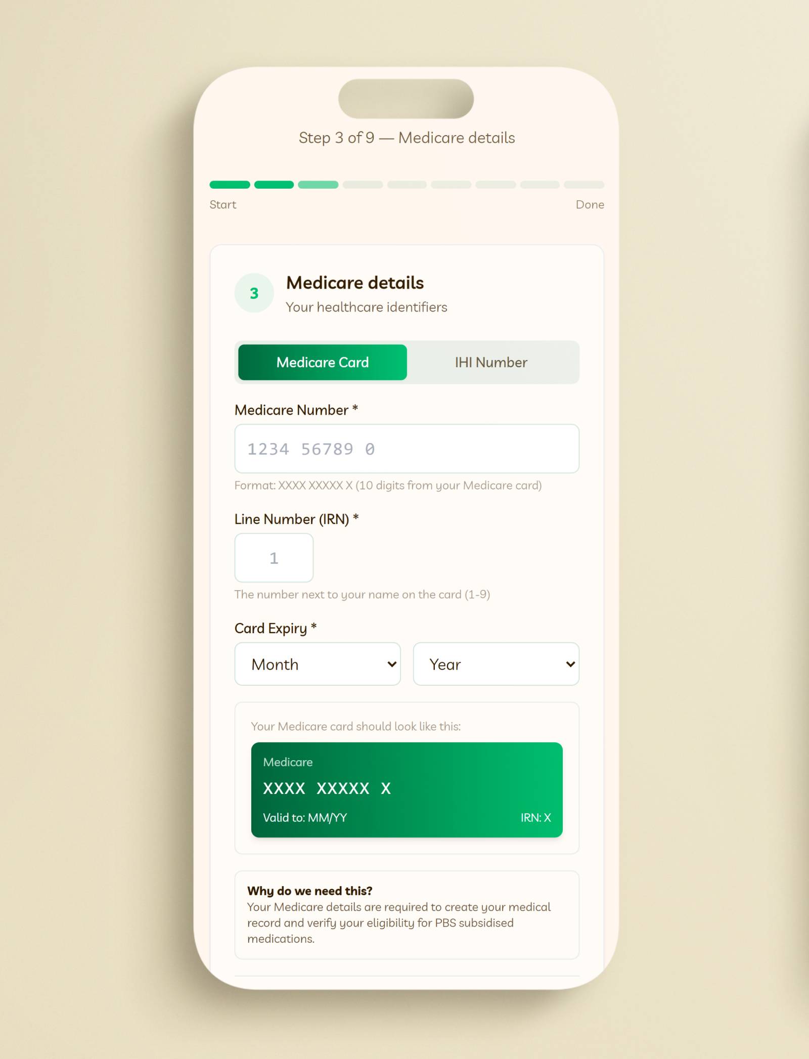 Dr Sophia patient intake, step 3 of 9: entering Medicare card details on a mobile screen